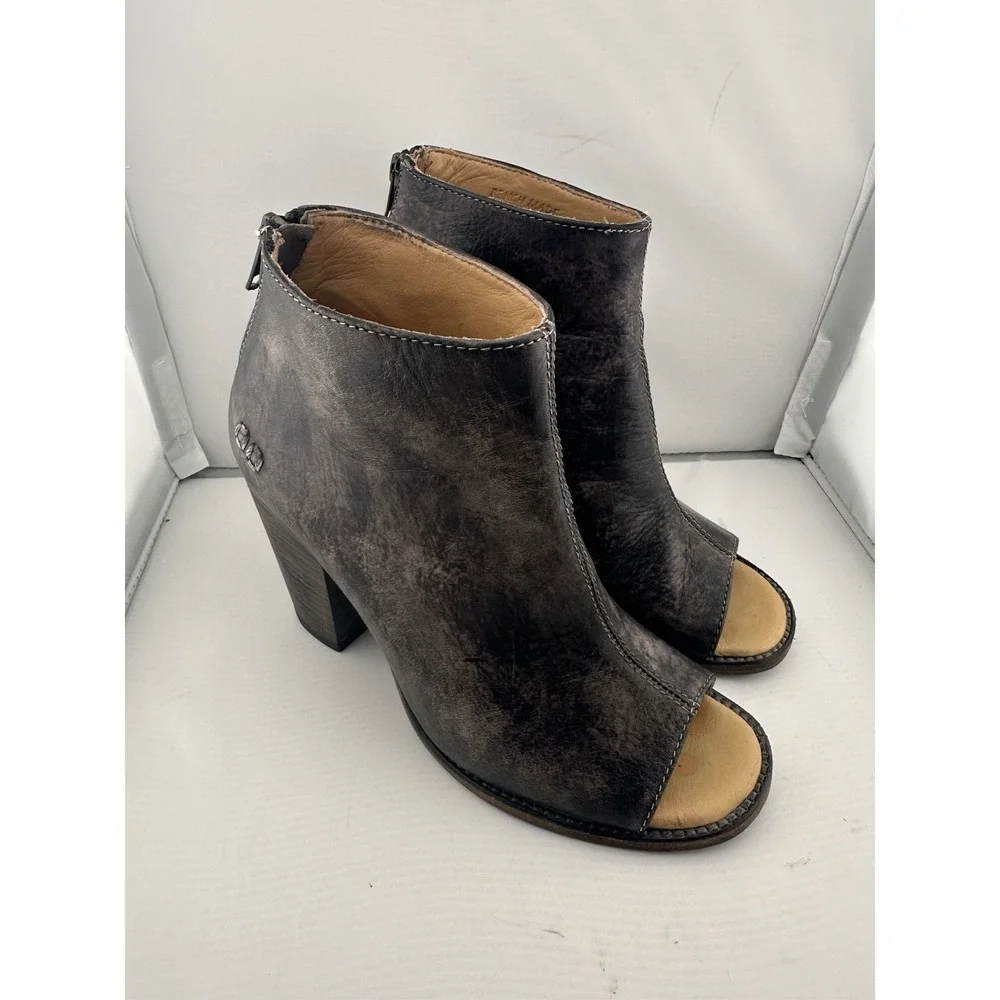 Bed Stu Onset Distressed Leather Peep-Toe Booties 8.5 Black Driftwood Western